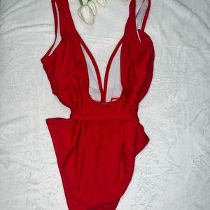 One piece tie, front bathing suit